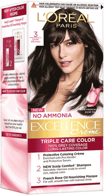 L'OREAL PARIS EXCELLENCE CRÈME HAIR COLOR,3 DARK BROWN,24ML+26GM