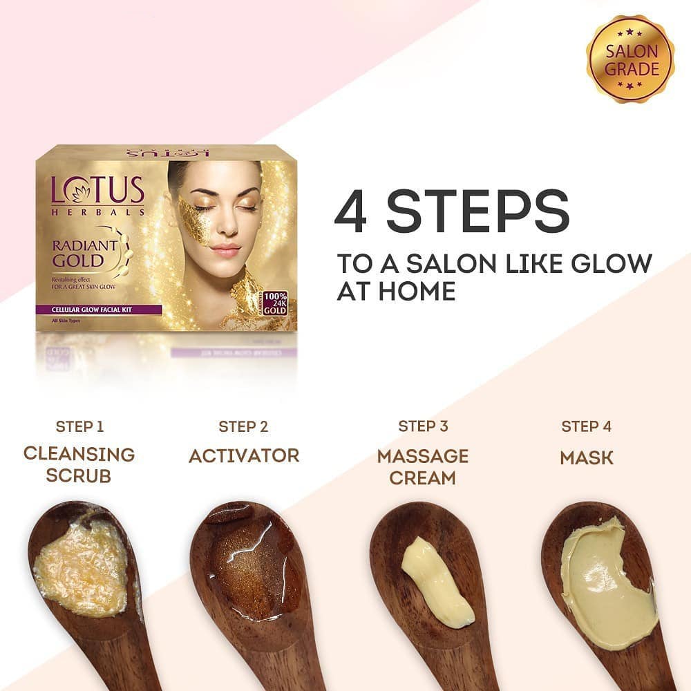 LOTUS RADIANT GOLD FACIAL KIT FOR INSTANT GLOW,4 EASY STEPS 37GM,(4 USE)