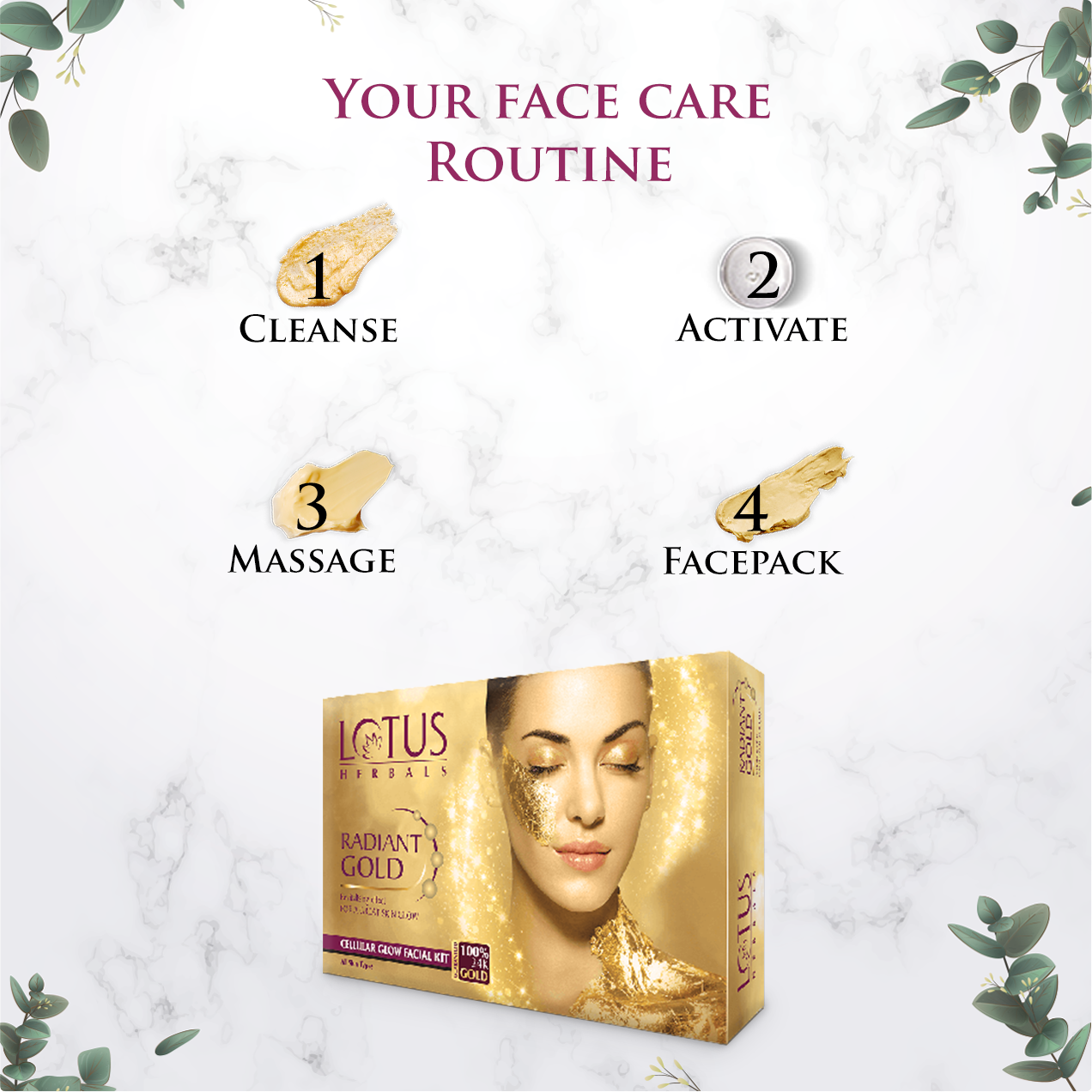 LOTUS RADIANT GOLD FACIAL KIT FOR INSTANT GLOW,4 EASY STEPS 37GM,(4 USE)